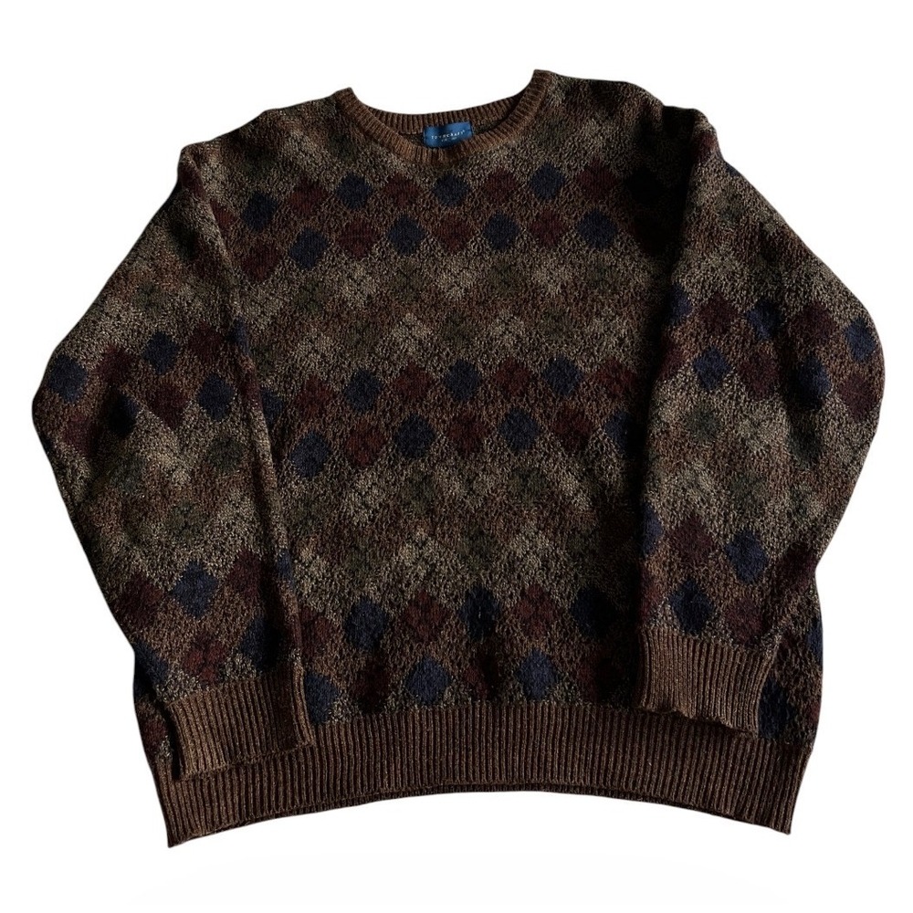 Vintage Towncraft Mens XL Geometric Knit Crewneck Pullover Sweater Brown Acrylic